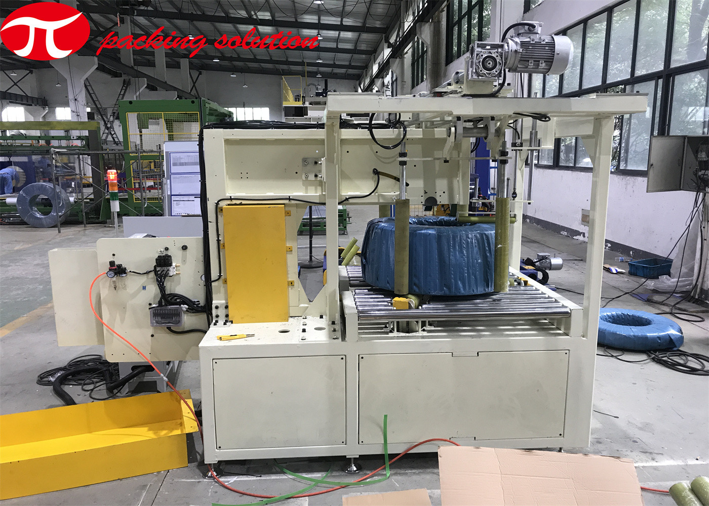 Automated PLC Control Vertical Pvc Hose Coil Packing Wrapping Machine4m/Min Roller Speed