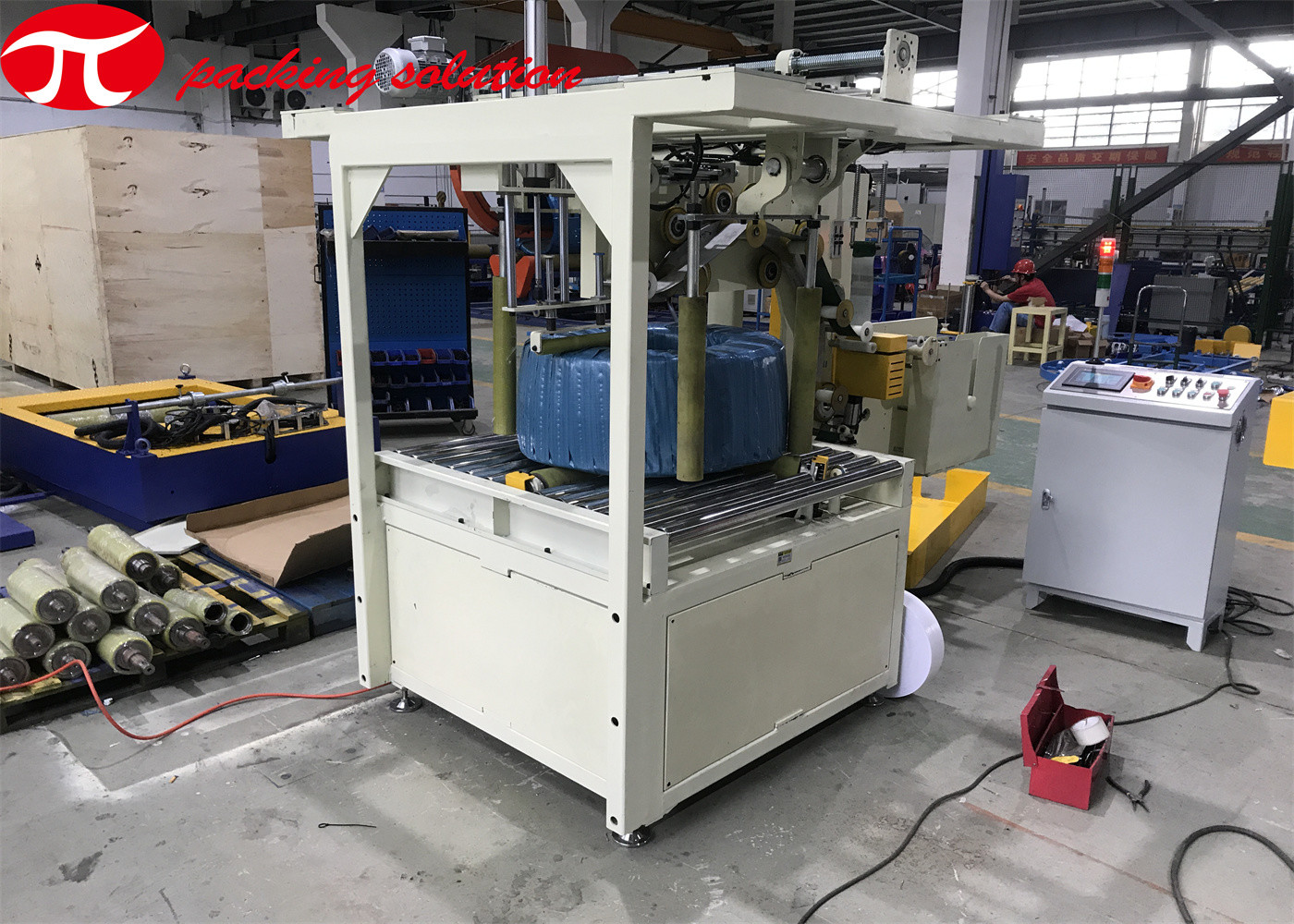 Automated PLC Control Vertical Pvc Hose Coil Packing Wrapping Machine4m/Min Roller Speed